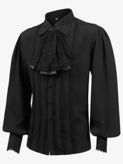 Chemise Noir Vintage Top Renaissance Polyester Dentelle Manches Longues Rétro Costumes Pour Homme Déguisement Vintage