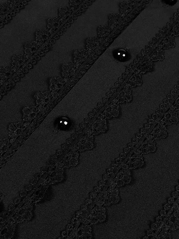 Chemise Noir Vintage Top Renaissance Polyester Dentelle Manches Longues Rétro Costumes Pour Homme Déguisement Vintage
