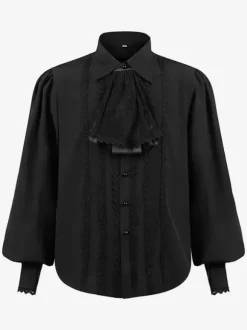 Chemise Noir Vintage Top Renaissance Polyester Dentelle Manches Longues Rétro Costumes Pour Homme Déguisement Vintage