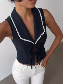 Chemise pour femme bleu foncé à blocs de couleur col rabattu lacé débardeur sexy