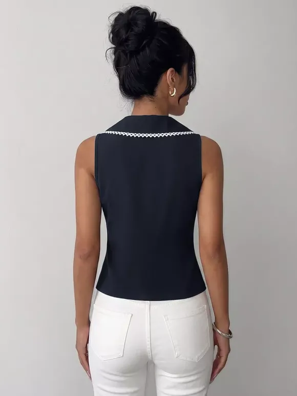 Chemise pour femme bleu foncé à blocs de couleur col rabattu lacé débardeur sexy