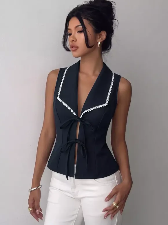Chemise pour femme bleu foncé à blocs de couleur col rabattu lacé débardeur sexy