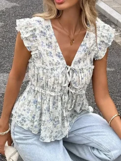 Chemise pour femme bleue à col en V sans manches lacée style décontracté