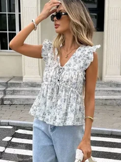 Chemise pour femme bleue à col en V sans manches lacée style décontracté