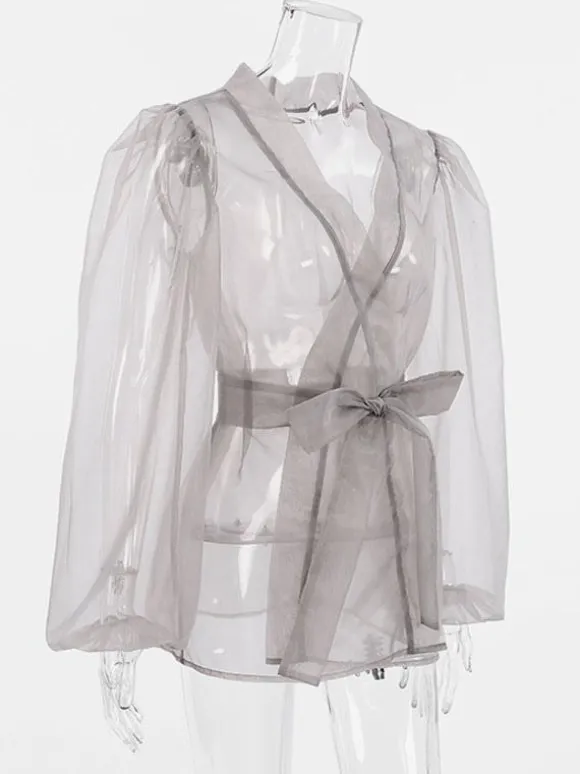 Chemise Pour Femme Gris Stretch Plissé À Lacets Col En V Décontracté Manches Longues Tulle Tops