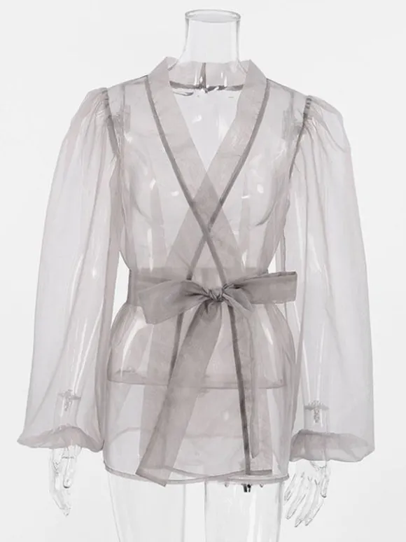 Chemise Pour Femme Gris Stretch Plissé À Lacets Col En V Décontracté Manches Longues Tulle Tops