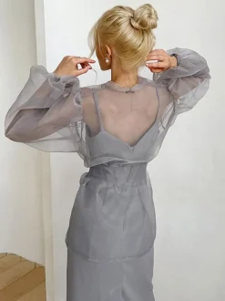 Chemise Pour Femme Gris Stretch Plissé À Lacets Col En V Décontracté Manches Longues Tulle Tops