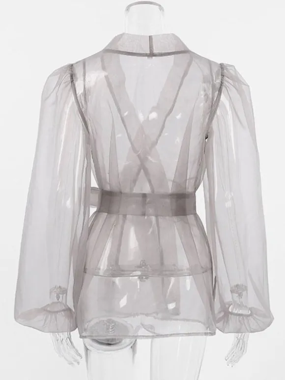 Chemise Pour Femme Gris Stretch Plissé À Lacets Col En V Décontracté Manches Longues Tulle Tops