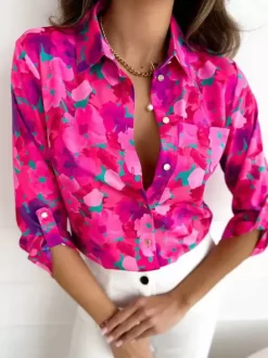 Chemise pour femmes bleu imprimé fleuri col rabattu Chic manches longues Polyester hauts