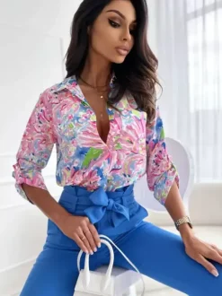 Chemise pour femmes bleu imprimé fleuri col rabattu Chic manches longues Polyester hauts