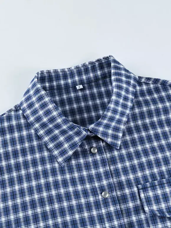 Chemise vintage bleue à carreaux vichy oversize manches longues boutonnée