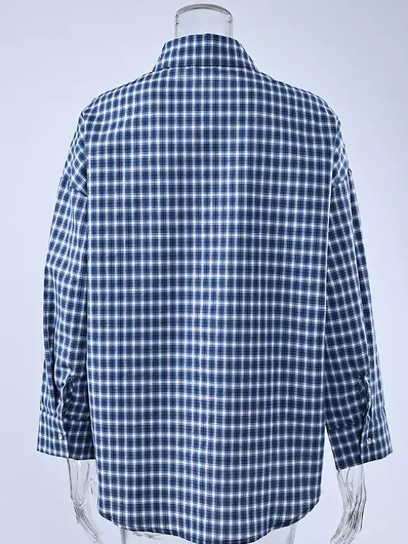 Chemise vintage bleue à carreaux vichy oversize manches longues boutonnée