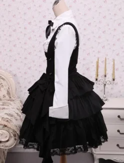 Chemise blanche en coton de manches longues et trousseau noir de Lolita en coton avec ride Déguisements Halloween