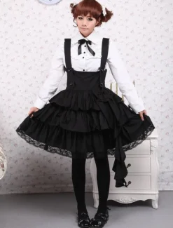 Chemise blanche en coton de manches longues et trousseau noir de Lolita en coton avec ride Déguisements Halloween