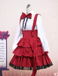 Chemise blanche en coton de manches longues et trousseau noir de Lolita en coton avec ride Déguisements Halloween