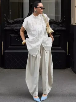 Chemise blanche à lacets pour femme col montant manches 3/4 style décontracté