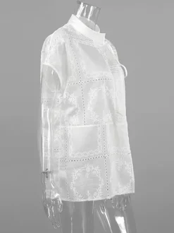 Chemise blanche à lacets pour femme col montant manches 3/4 style décontracté
