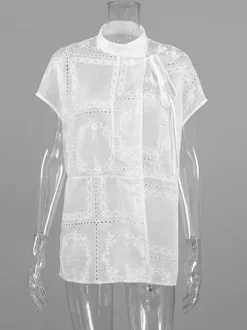 Chemise blanche à lacets pour femme col montant manches 3/4 style décontracté