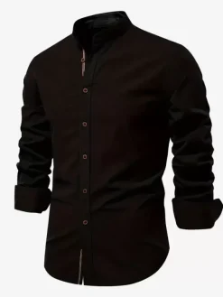 Chemise Décontractée Confortable Hommes Couleur Unie Coupe Cintrée En Coton