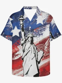Chemise Décontractée Hommes Manches Courtes Imprimées Statue de la Liberté Bleues Vacances