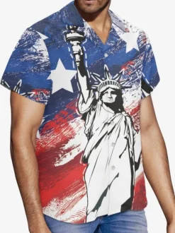 Chemise Décontractée Hommes Manches Courtes Imprimées Statue de la Liberté Bleues Vacances