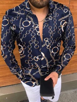 Chemise Décontractée Imprimée Chaînes Marine Foncé Chemises Homme
