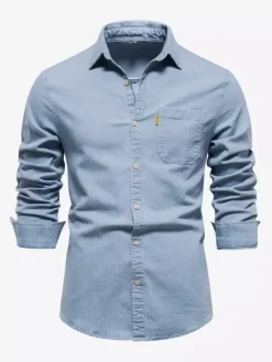 Chemise Décontractée Manches Longues Hommes Couleur Unie Coupe Cintrée En Denim