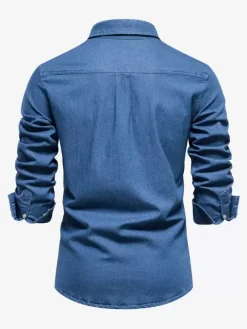 Chemise Décontractée Manches Longues Hommes Couleur Unie Coupe Cintrée En Denim