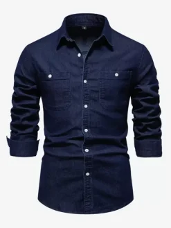 Chemise Décontractée Manches Longues Hommes Couleur Unie Coupe Cintrée En Denim