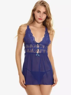 Chemise de nuit en tulle bleu roi pour femme n艙uds imprimé floral dos nu lingerie pyjama vêtements de nuit