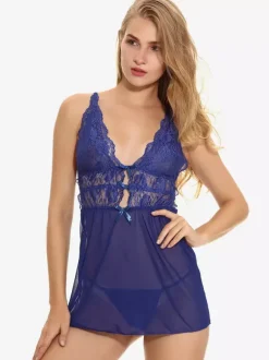 Chemise de nuit en tulle bleu roi pour femme n艙uds imprimé floral dos nu lingerie pyjama vêtements de nuit