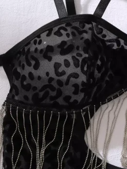 Chemise de nuit noire en polyester à lacets et imprimé léopard lingerie sculptante pour femme