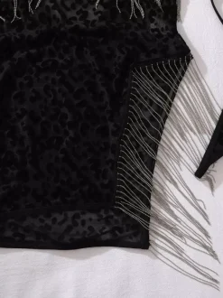 Chemise de nuit noire en polyester à lacets et imprimé léopard lingerie sculptante pour femme