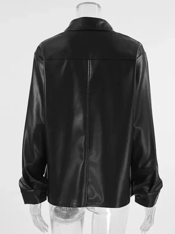 Chemise en similicuir pour femme style surchemise boutonnée - Haut minimaliste à col et manches longues - Look streetwear oversize collection printemps 2026