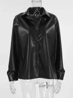 Chemise en similicuir pour femme style surchemise boutonnée - Haut minimaliste à col et manches longues - Look streetwear oversize collection printemps 2026