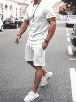 Chemise Hawaïenne Pour Hommes 2 pièces à manches courtes et col bijou blanc