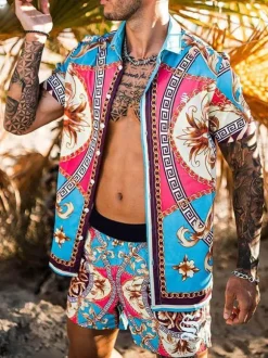 Chemise Hawaïenne Pour Hommes 2 pièces Imprimé Manches Courtes Col Rabattu Bleu
