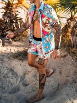 Chemise Hawaïenne Pour Hommes 2 pièces Imprimé Manches Courtes Col Rabattu Bleu