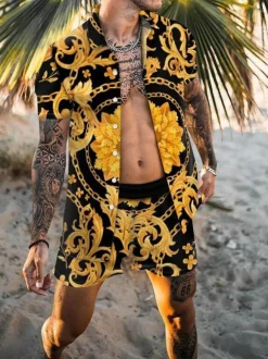 Chemise Hawaïenne Pour Hommes imprimés à manches courtes à manches courtes à manches courtes jaune jaune