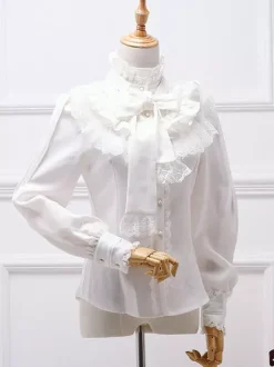 Chemise Lolita classique en mousseline blanche avec n艙ud papillon et dentelle blanche Déguisements Halloween