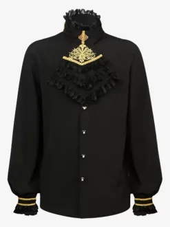 Chemise noire à manches longues et col montant à volants style gothique vintage