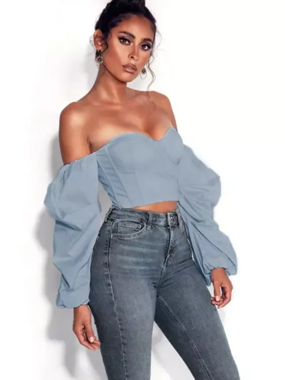 Chemise pour femme bleue sans bretelles sexy manches longues
