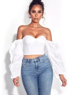Chemise pour femme bleue sans bretelles sexy manches longues