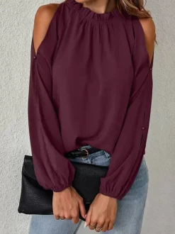 Chemise Pour Femme Rouge Col Rond Décontracté Manches Longues Tops