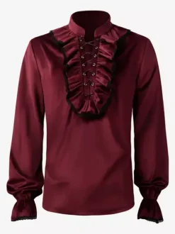 Chemise Rouge Vintage Top Rétro Volants Manches Longues Fleuries Polyester Fibre Rétro Costumes Pour Homme Déguisement Vintage Bourgogne
