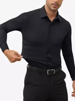 Chemises extensibles à manches longues pour hommes style décontracté couleur unie