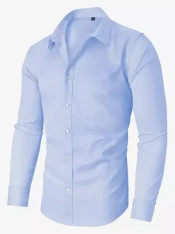 Chemises extensibles à manches longues pour hommes style décontracté couleur unie