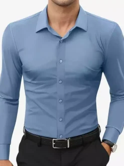 Chemises extensibles à manches longues pour hommes style décontracté couleur unie
