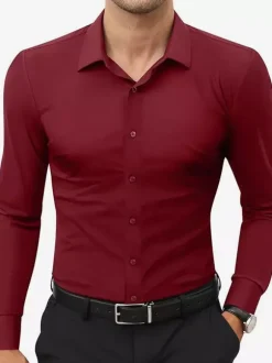 Chemises extensibles à manches longues pour hommes style décontracté couleur unie