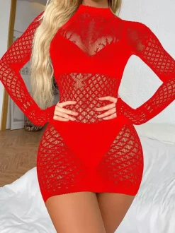Chemises en résille en maille pour femmes robe noire body babydoll lingerie transparente